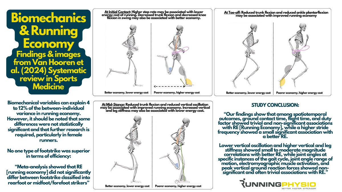 tomgoom's tweet photo. Excellent systematic review of biomechanics &amp; running economy from @BasVanHooren &amp; colleagues: https://t.co/KWYzawlc1D

Increasing step rate or reducing trunk flexion may help efficiency in some runners 🏃‍♂️

Lots to unpack so we’ve summarised the key findings in this graphic. https://t.co/rbOV1entAn