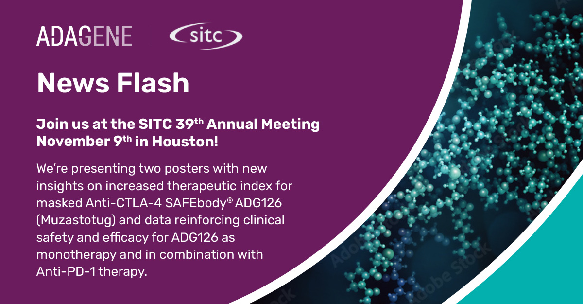 AdageneGlobal's tweet image. Excited to showcase data on our masked anti-CTLA-4 SAFEbody, ADG126 (muzastotug) in two posters at SITC! We are proud the clinical abstract on our ongoing phase 1b/2 trial evaluating ADG126 in MSS CRC was selected by SITC as a Top 100 abstract out of 1439! loom.ly/PZ0xcVc