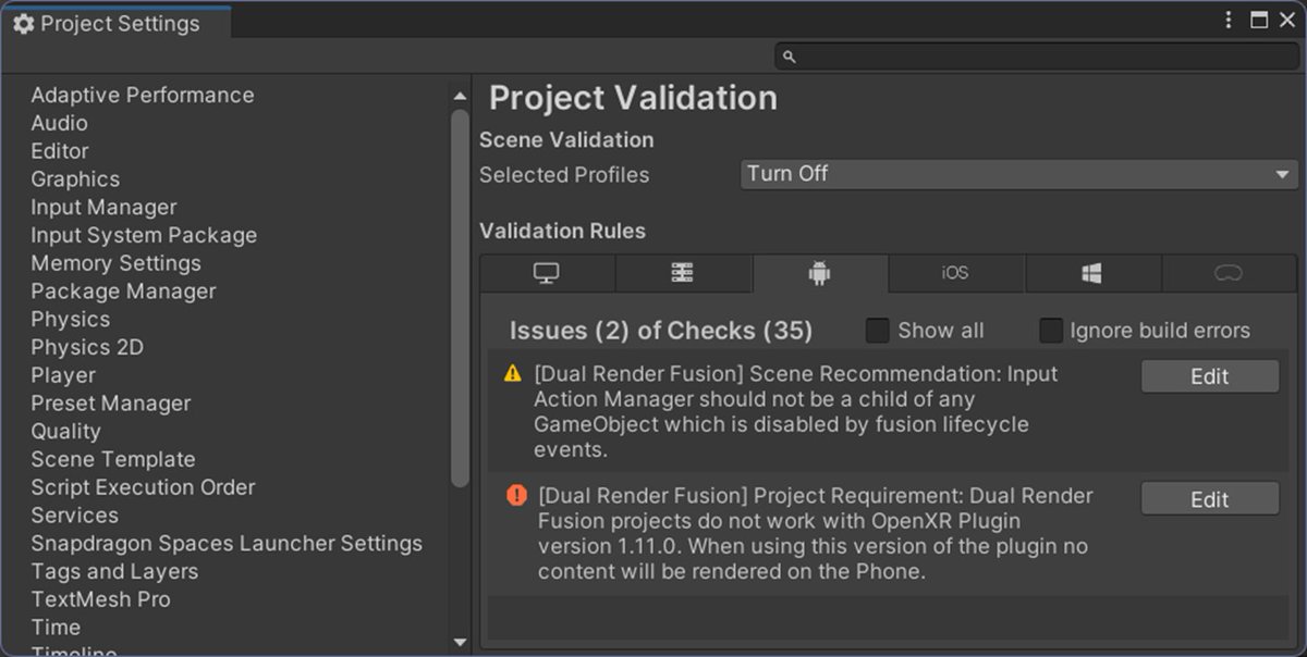 takabrz1's tweet photo. @ogacyo @blocknoise26 @fit51 補足ですが、#SnapdragonSpaces SDK V1.0.0からはProject ValidationでDRFを利用している場合はOpenXR plugin V1.10.0より新しいVerはサポートしていないとエラーがでます。SDK V0.23.2でもはOpenXR plugin V1.10.0より上は使えないです。また、このほかにもプロジェクト設定も変更が必要です。 https://t.co/K6eXIskZqG