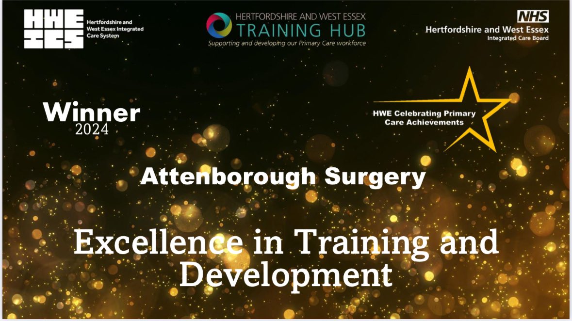 Attenborough Surgery (@attenboroughgp) on Twitter photo A big thank you to all our staff for their hard work over the past year. We were honoured to win the Training & Development category @ Herts & West Essex Primary Care Awards last night!
🎉🍾⭐️
<a href="/HWEICB/">NHS Herts and West Essex ICB</a> <a href="/DocSandip/">Sandip</a> <a href="/drzemm/">David Zemmel</a> <a href="/Zannadu100/">Zanne Harris</a> <a href="/RCGPBeds_Herts/">RCGP Beds & Herts</a> A big thank you to all our staff for their hard work over the past year. We were honoured to win the Training & Development category @ Herts & West Essex Primary Care Awards last night!
🎉🍾⭐️
<a href="/HWEICB/">NHS Herts and West Essex ICB</a> <a href="/DocSandip/">Sandip</a> <a href="/drzemm/">David Zemmel</a> <a href="/Zannadu100/">Zanne Harris</a> <a href="/RCGPBeds_Herts/">RCGP Beds & Herts</a>