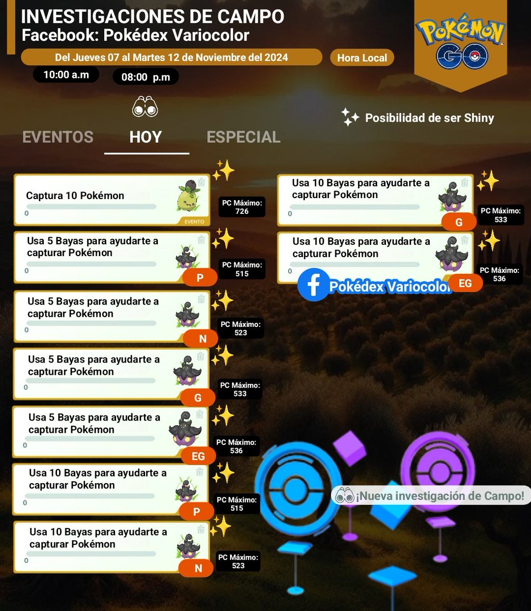 PokemonGoAbs's tweet image. 🍂✨ ¡Festival de la cosecha! ✨🍂
*****Del Jueves 07 al Martes 12 de Noviembre*****

#PokédexVariocolor #PokémonGo #SmolivShiny  #FestivalDeLaCosecha #FestivalDeLaCosecha2024