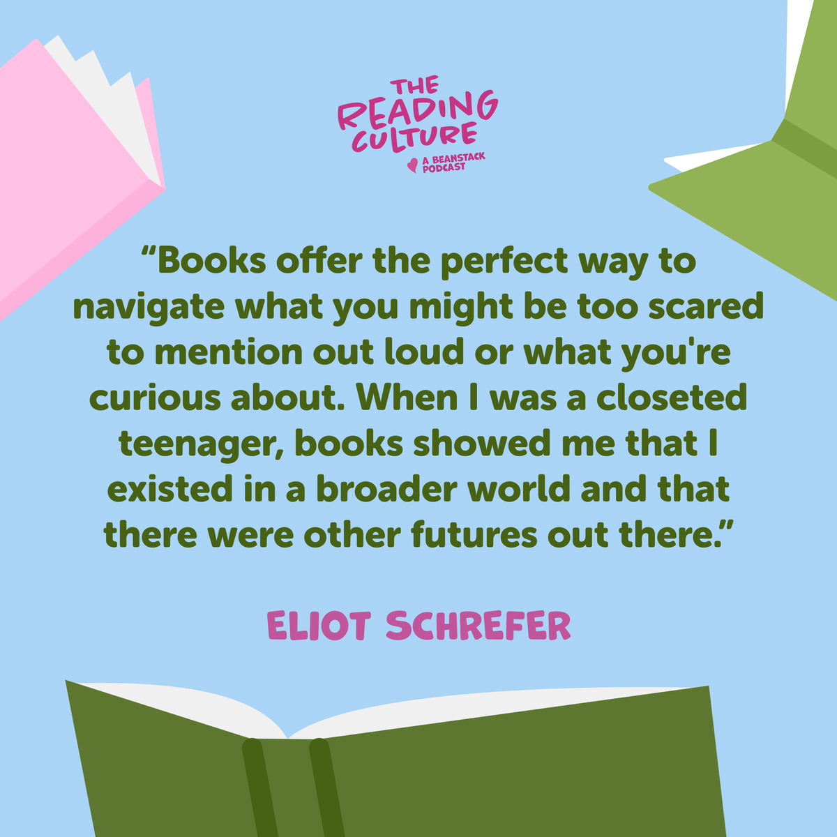 beanstackapp's tweet image. “Books offer the perfect way to navigate what you might be too scared to mention out loud or what you’re curious about.”
— @EliotSchrefer

Listen to Eliot’s podcast episode here: bit.ly/3AlQOBv

#authorquotes #weneeddiversebooks #lgbtqauthor