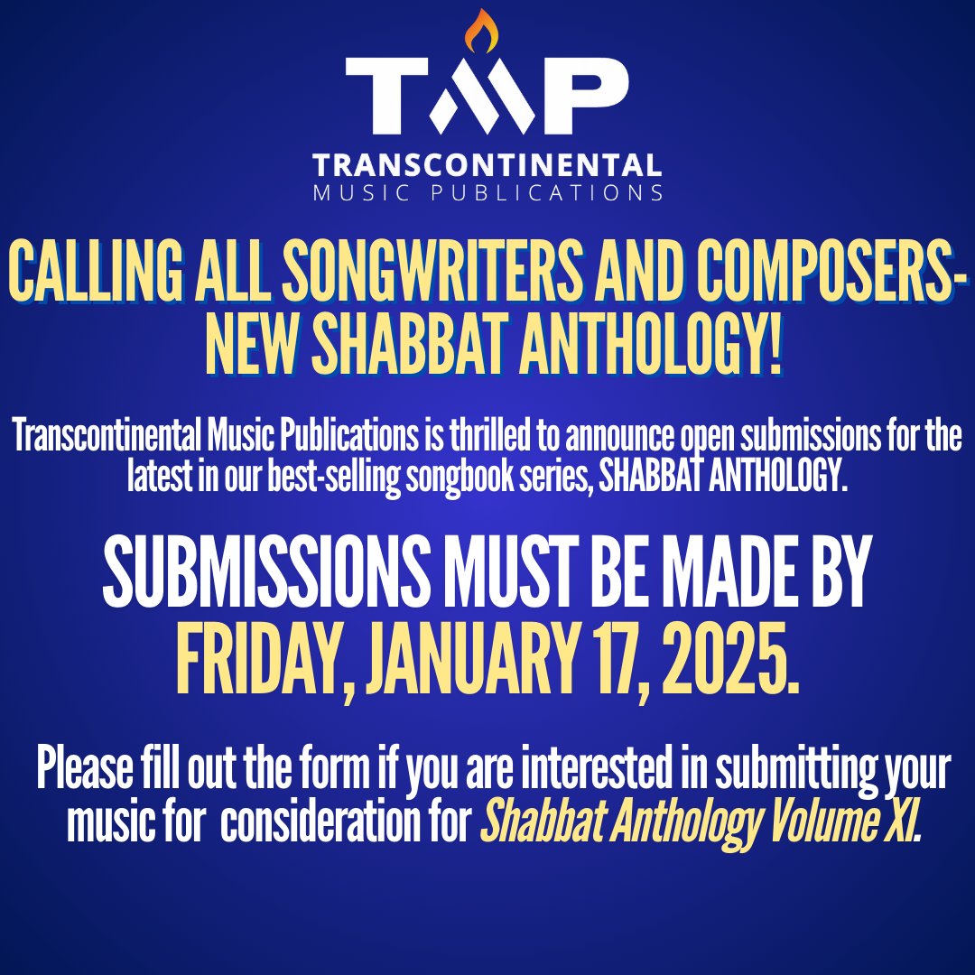 tmp_jlicense's tweet image. CALLING ALL SONGWRITERS AND COMPOSERS!
We’re thrilled to announce open submissions for SHABBAT ANTHOLOGY VOLUME XI.
If you are interested in submitting your music for consideration, please read the guidelines very carefully before submitting: bit.ly/TMP-SA11-Submi…