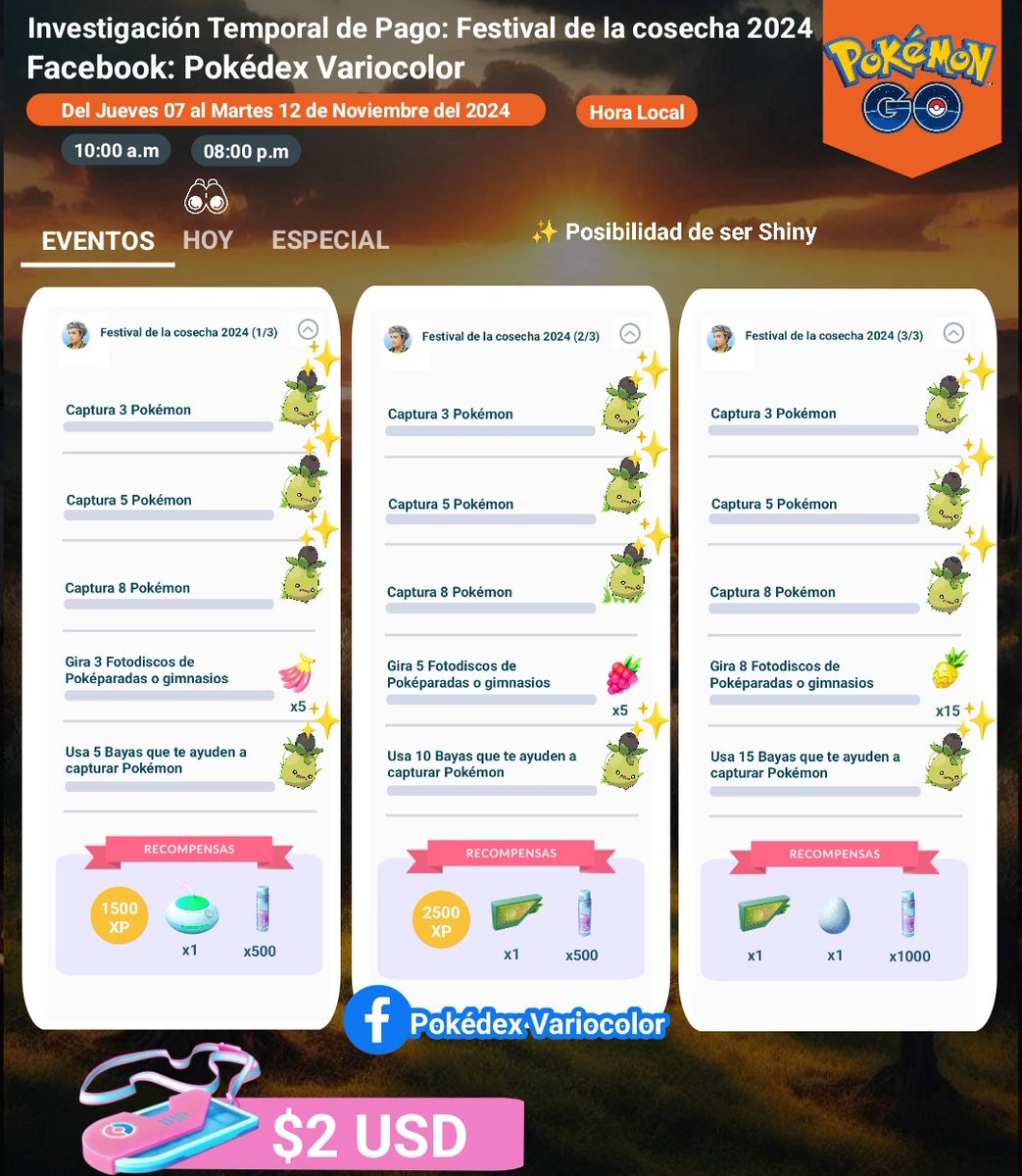 PokemonGoAbs's tweet image. 🍂✨ ¡Festival de la cosecha! ✨🍂
*****Del Jueves 07 al Martes 12 de Noviembre*****

#PokédexVariocolor #PokémonGo #SmolivShiny  #FestivalDeLaCosecha #FestivalDeLaCosecha2024