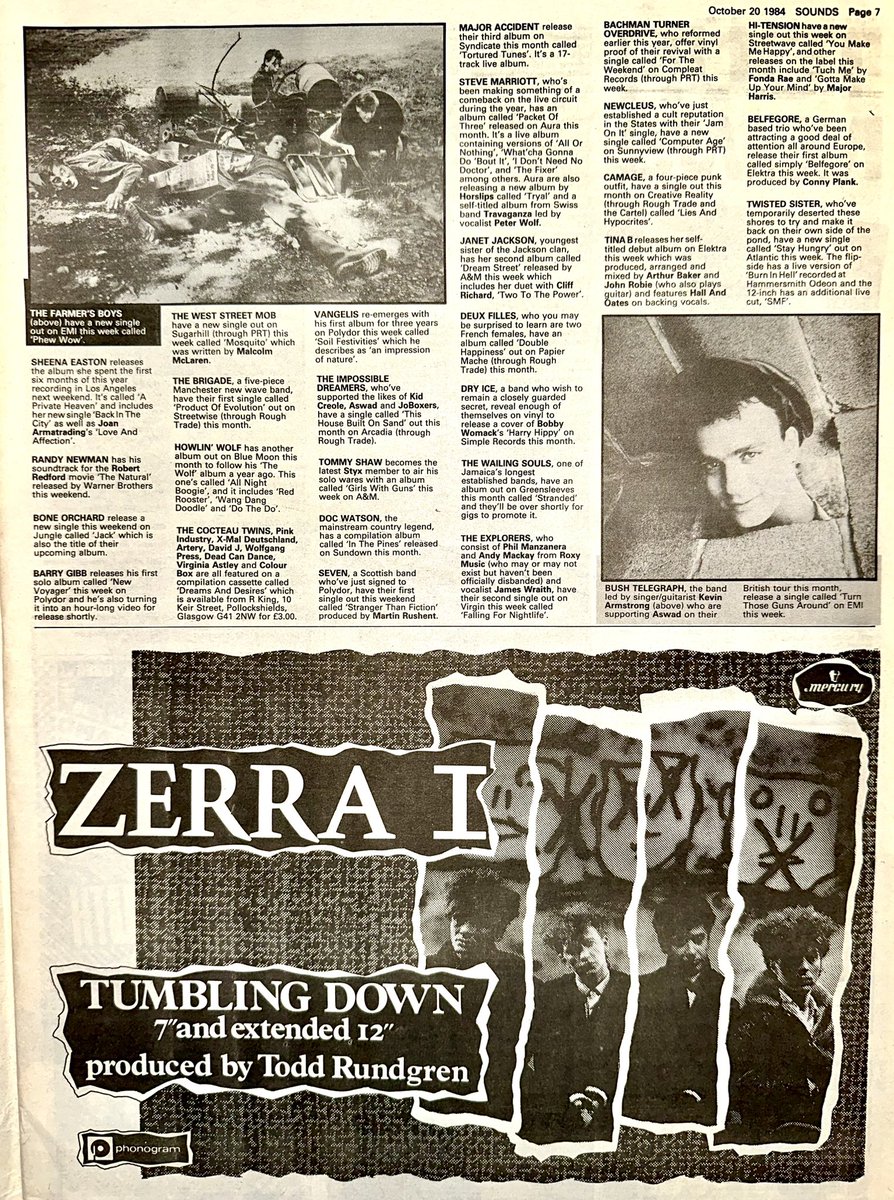 ZoundsAbound's tweet photo. A round up of Record & Tour News features info on #PlayDead #RandyCrawford #KissingThePink @Dokken #ThePinkFairies @TheMaryChain #King #TheFarmersBoys #Vangelis
@JanetJackson #BushTelegraph & #ImmaculateFools among many others.
Sounds October 20th 1984 https://t.co/vSq8koi6J1