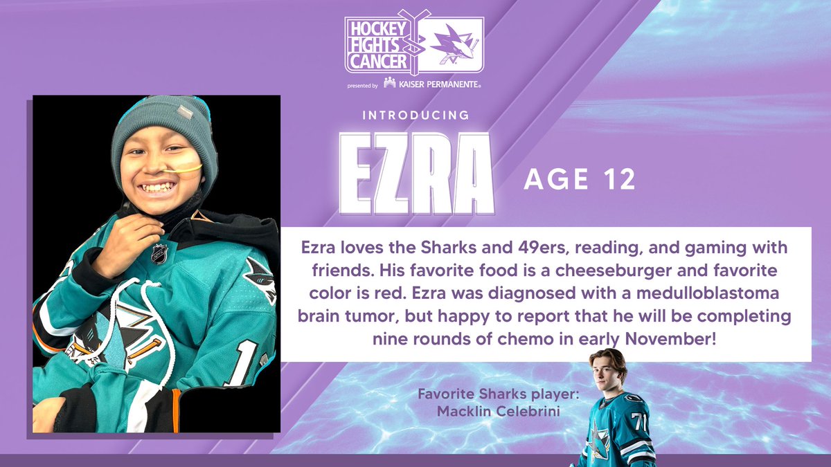 sjscommunity's tweet photo. Last on our highlight reel of Blueline Buddies is Ezra, a 12-year-old who was diagnosed with a
medulloblastoma brain tumor. Ezra recently completed nine rounds of chemo and will be ringing
the bell during tonight's ceremonial puck drop! 🔔💜 https://t.co/JROcyBiNbl