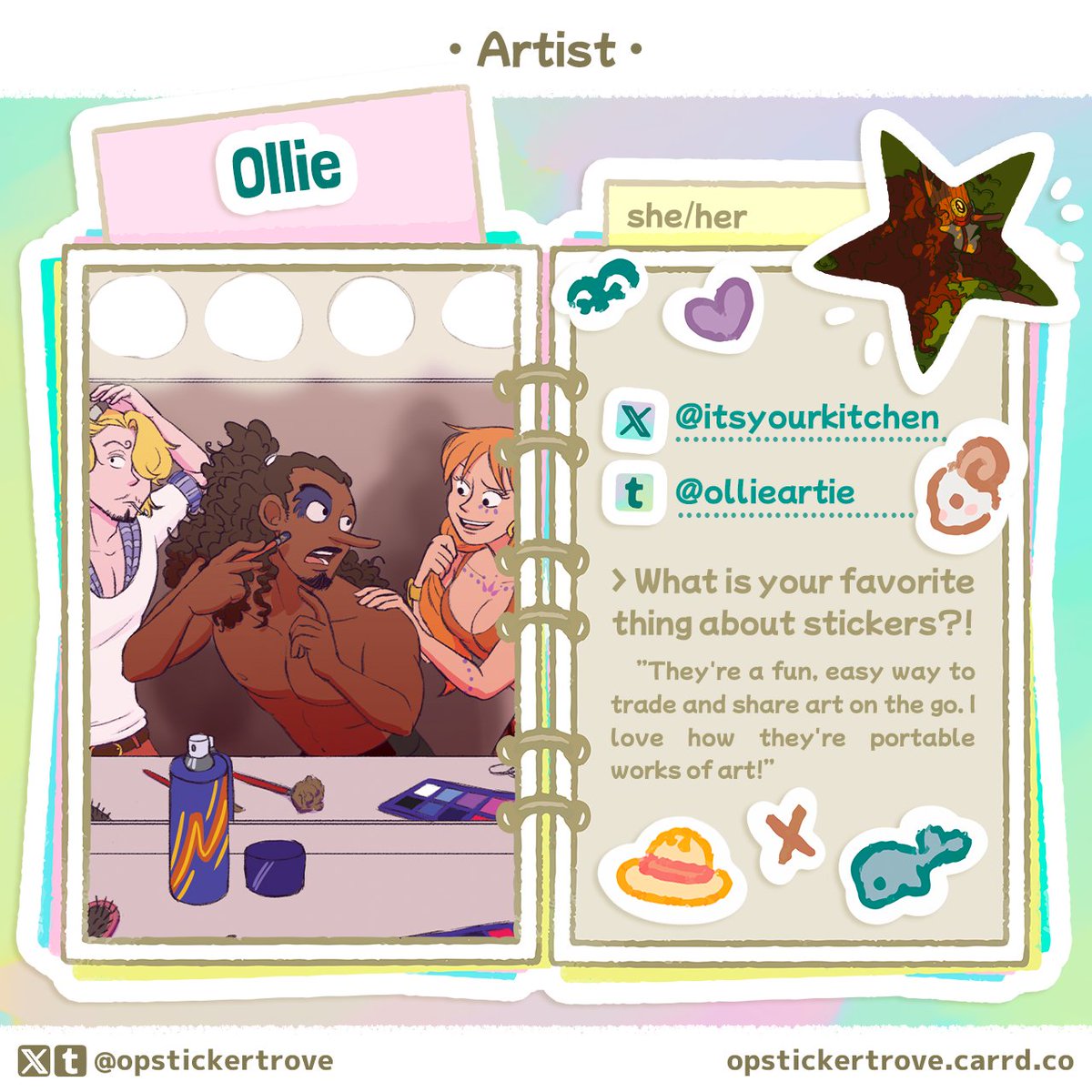 opstickertrove's tweet photo. 🌠 ARTIST SPOTLIGHT 🌠

As @itsyourkitchen wonderfully points out, stickers are an excellent way to share art wherever you are! We're so glad for the variety &amp; innovation she brings to the table! 💫
https://t.co/nBRXT3V3aG https://t.co/6EtX2WgLGG