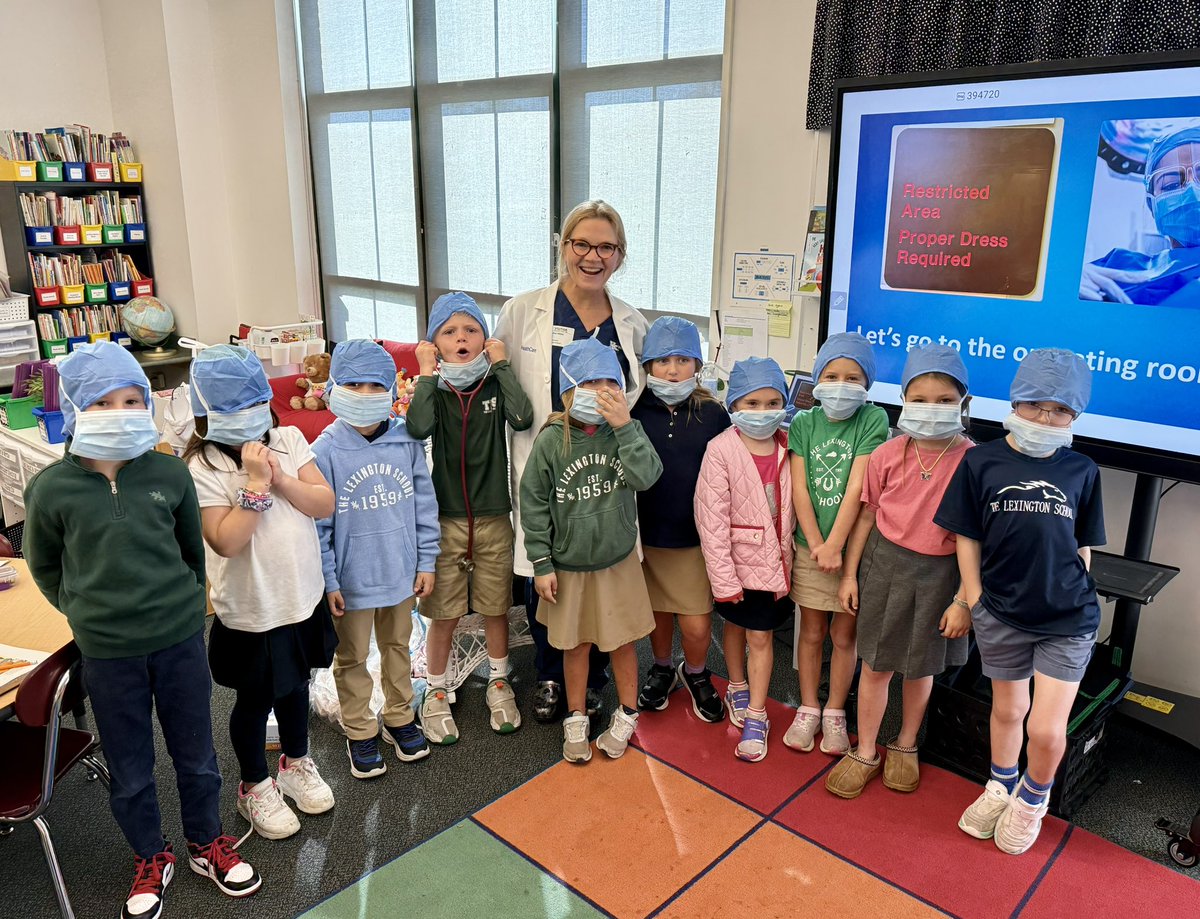 TLScolts's tweet photo. 🩺 We had a special visit in 1st grade from Dr. Miller, who taught students about stethoscopes and how doctors prepare for the OR. Students loved dressing up and learning about the OR💚 https://t.co/nqRv6ZPlUi