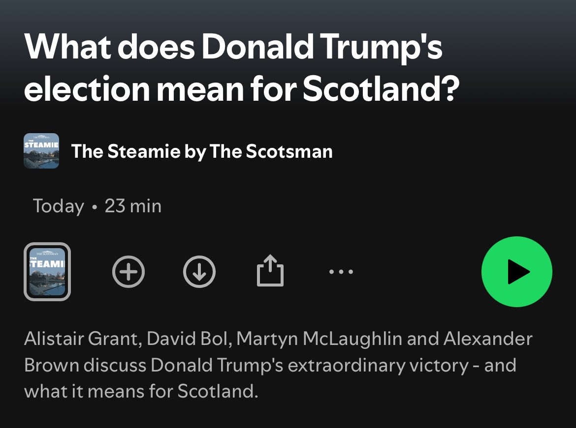 Alistair Grant (@alistairkgrant) on Twitter photo 🚨🎧 What does Donald Trump’s election win mean for Scotland?
Join <a href="/MartynMcL/">Martyn McLaughlin</a>, <a href="/AlexofBrown/">Alexander Brown</a>, <a href="/mrdavidbol/">David Bol</a> and I as we discuss all this and more on the latest episode of The Steamie.
Spotify: open.spotify.com/episode/7LtmSI…
Apple: podcasts.apple.com/gb/podcast/wha… 🚨🎧 What does Donald Trump’s election win mean for Scotland?
Join <a href="/MartynMcL/">Martyn McLaughlin</a>, <a href="/AlexofBrown/">Alexander Brown</a>, <a href="/mrdavidbol/">David Bol</a> and I as we discuss all this and more on the latest episode of The Steamie.
Spotify: open.spotify.com/episode/7LtmSI…
Apple: podcasts.apple.com/gb/podcast/wha…