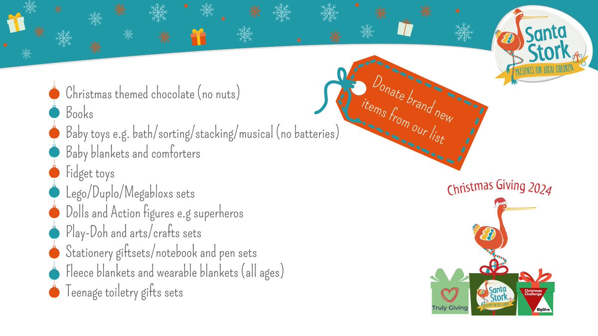 Bring some magic to Christmas for children across #Surrey and #Croydon. You can buy gifts from our Amazon Wish List amazon.co.uk/hz/wishlist/ls… or drop items from our list to our warehouse in Reigate #SantaStork