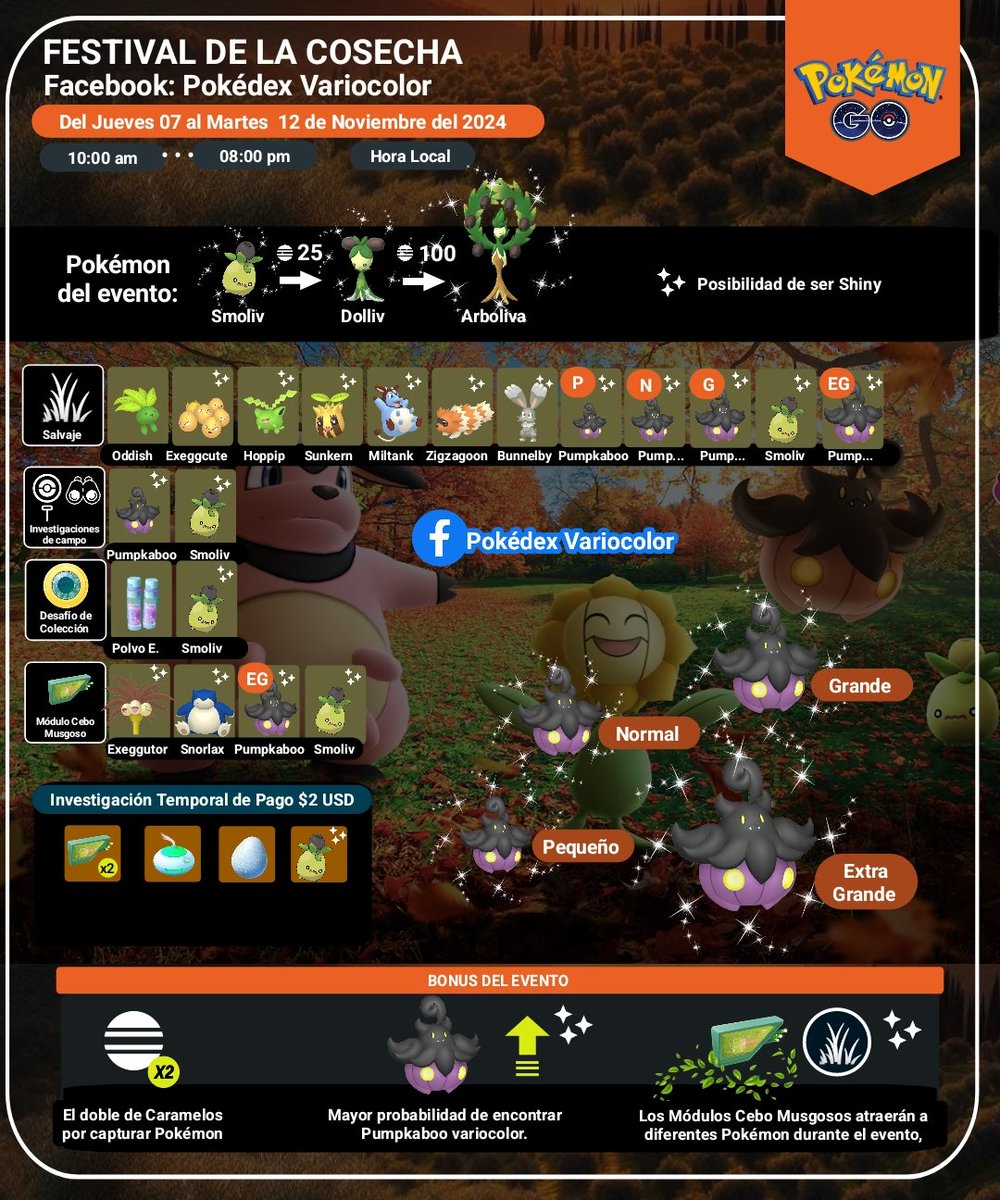 PokemonGoAbs's tweet image. 🍂✨ ¡Festival de la cosecha! ✨🍂
*****Del Jueves 07 al Martes 12 de Noviembre*****

#PokédexVariocolor #PokémonGo #SmolivShiny  #FestivalDeLaCosecha #FestivalDeLaCosecha2024