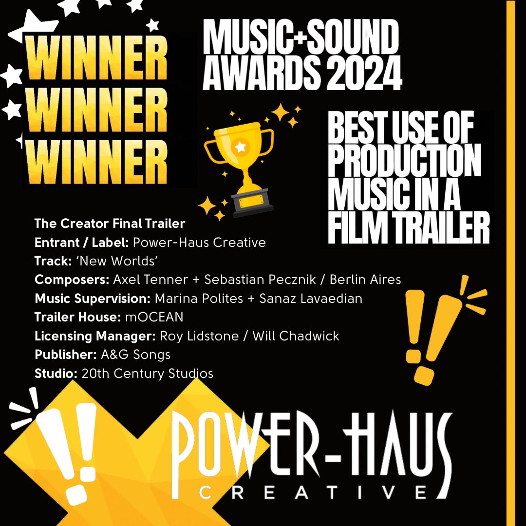 Big thanks to <a href="/moceanla/">MOCEAN</a> <a href="/MASAwards/">Music+Sound Awards</a> and the talented Berlin Aires for bringing to life the stunning soundtrack to this trailer for ‘The Creator’, we’re very proud of it. Time to celebrate our 5th win! 🥂🏆🙏 

👉youtu.be/MAZuGdi32bk?si…