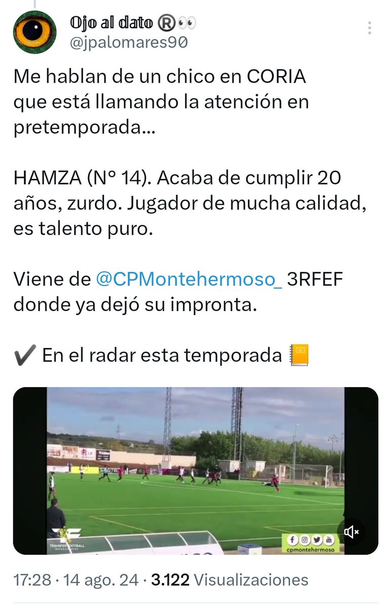 Lo comentamos en agosto... 🔉👂

Era uno de los desconocidos esta temporada en Grupo V, venía de un modesto de 3rfef...

Pero ya está empezando a destacar... 🎶

HAMZA: 9 partidos y 2⚽ en Coria... 20 años 👶🏻

x.com/deportesCEX/st…