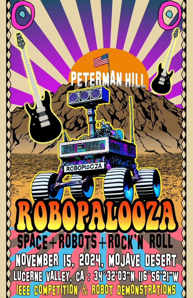 One week to go and counting down to the inaugural ROBOPALOOZA.space festival in the California Mojave Desert! 

The IEEE Telepresence competition is offering a $5,000 prize to the winner of a robot race which will feature a 700 pound wheeled robot that starred in an episode