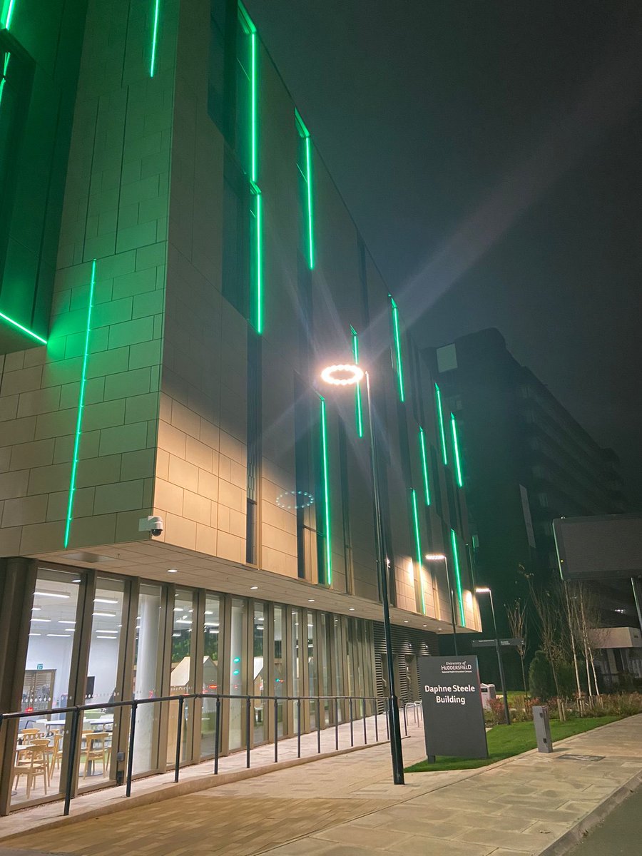Our amazing brand new learning space, Daphne Steele, is lit up in Occupational Therapy green to celebrate  #OTWeek24 💚 thanks to our amazing estates team and <a href="/SamOTantha/">Samantha Tavender</a> 🙏🏻<a href="/HuddersfieldUni/">University of Huddersfield</a> <a href="/Hudds_Uni_OT/">Occupational Therapy at University of Huddersfield</a> <a href="/theRCOT/">Royal College of Occupational Therapists</a> <a href="/SteveGFord/">Steve Ford</a> <a href="/saraeastburn11/">Dr Sara Eastburn</a>