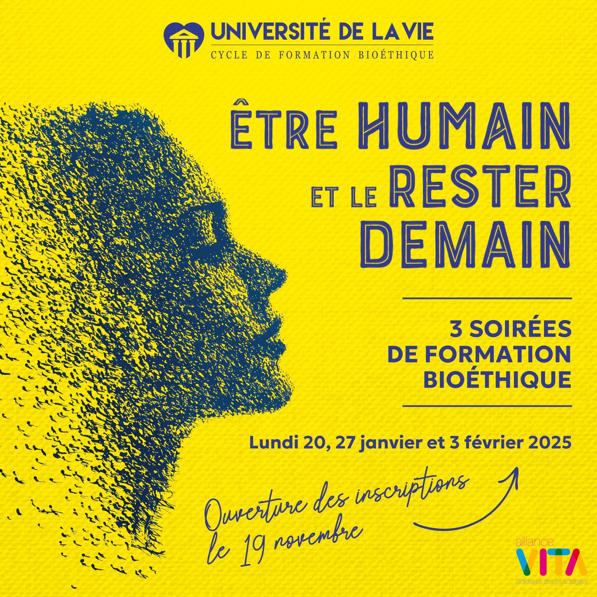 allianceVITA's tweet photo. "Être humain et le rester demain"
Les inscriptions de l'Université de la vie 2025 ouvrent le 19 novembre sur notre site Internet !
👉🏼 Alors, bloquez ces dates :
- 20 janvier
- 27 janvier
- 3 février
⚡Plus de détails à venir !
https://t.co/HJUpaRglLA
#UDVie #Bioéthique #UDV https://t.co/4b0eLK2lac