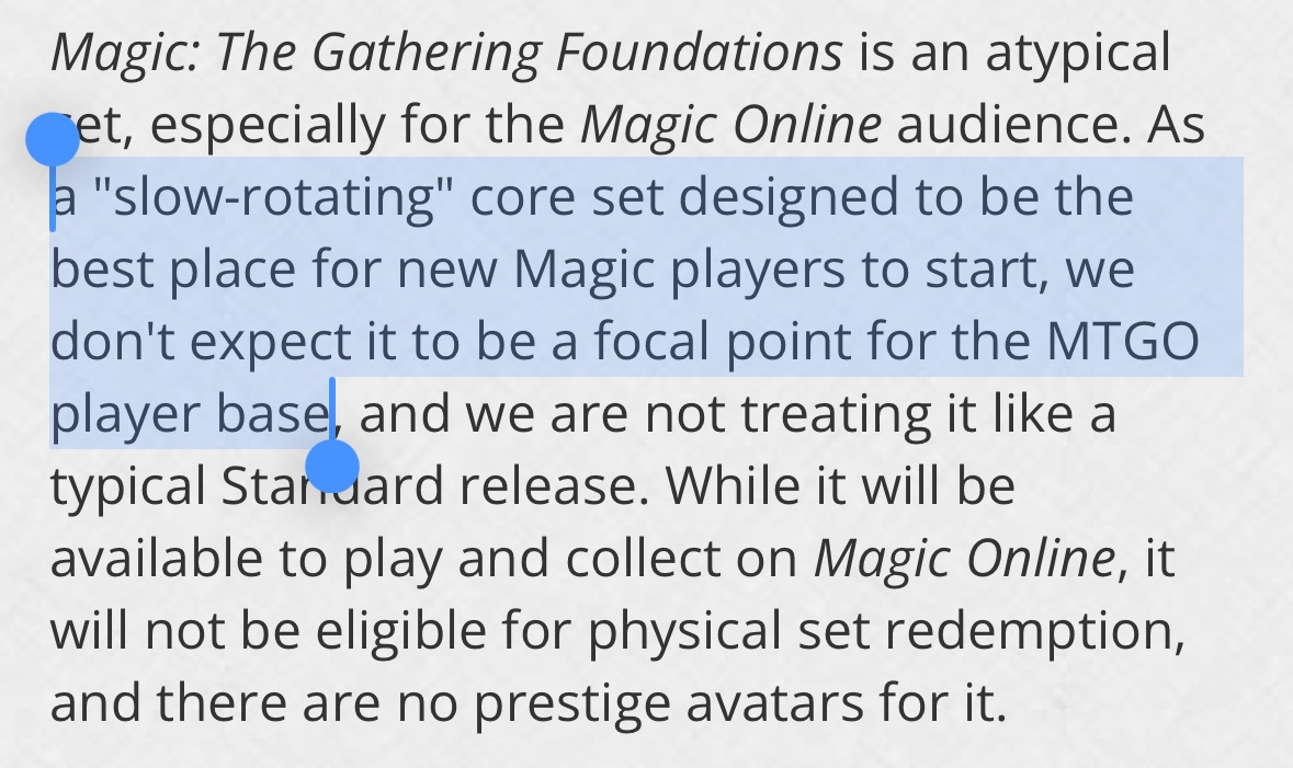 Foundations will NOT be redeemable via MTGO. Redemptions are my preferred way to get paper cards, so I’m not a fan of this change.

For many players, I think MTGO redemptions are an underutilized option; something to consider for a typical set release.

mtgo.com/news/foundatio…