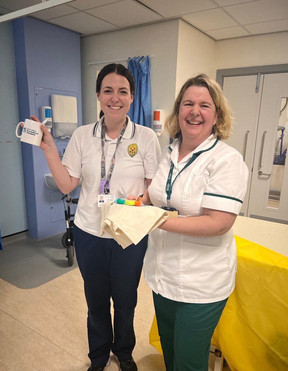QAHospTherapies's tweet photo. Lotus Rehab therapy team at PHU -QA Hospital celebrated OT week with cake and Musical Bingo. Our winners are proudly showing off their 'money can't buy prizes' OT mug, tote bag and pens! @PHU_NHS @JoQ76 @claire_woodings @PhysioHayley https://t.co/Pd3dQTB4sw