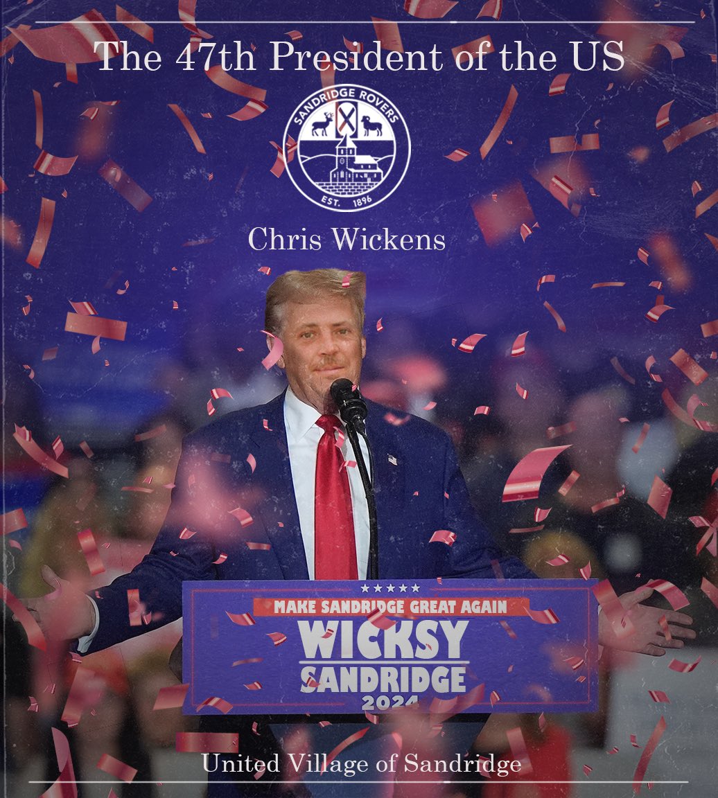 Sandridge Rovers FC (@fc_sandridgerov) on Twitter photo The winner of the US Election isβ¦.
Wicksy. Only good thing about Trump winning is it made the graphic a lot less problematic
Anyway, we continue our aim to make Sandridge great again on Saturday as we host <a href="/HatUnitedFC/">Hatfield United Fc</a>
π<a href="/HatUnitedFC/">Hatfield United Fc</a>
π Div 1
β° 2:00pm KO
π 09/11/24
ποΈ Home The winner of the US Election isβ¦.
Wicksy. Only good thing about Trump winning is it made the graphic a lot less problematic
Anyway, we continue our aim to make Sandridge great again on Saturday as we host <a href="/HatUnitedFC/">Hatfield United Fc</a>
π<a href="/HatUnitedFC/">Hatfield United Fc</a>
π Div 1
β° 2:00pm KO
π 09/11/24
ποΈ Home