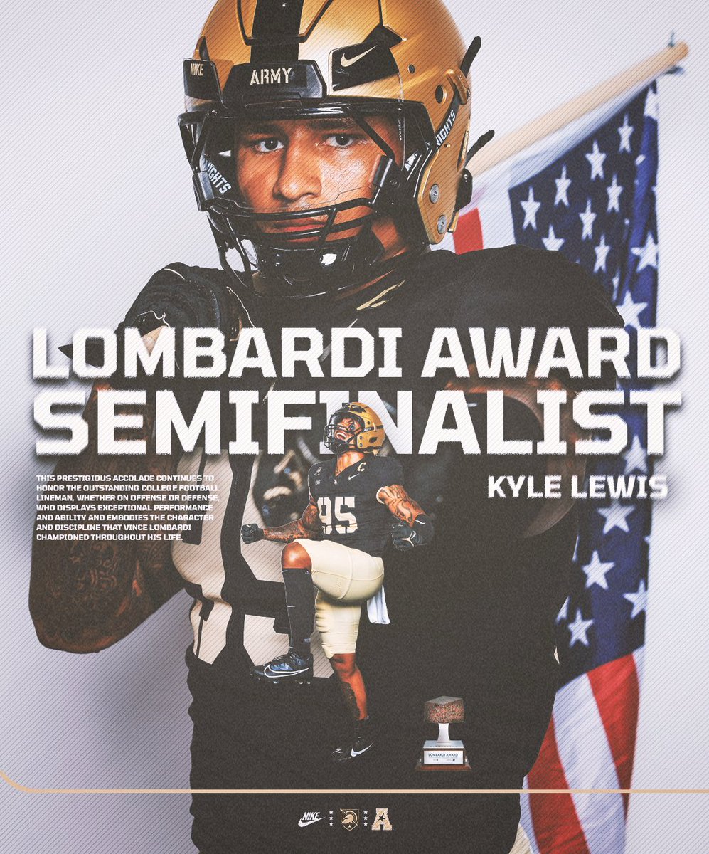 Army Football (@armywp_football) on Twitter photo Congrats Kyle 🫡
Lewis named one of 12 Semifinalists for the <a href="/lombardi_award/">Lombardi Award</a> 👏👏👏
→ goarmywestpoint.com/news/2024/11/7… Congrats Kyle 🫡
Lewis named one of 12 Semifinalists for the <a href="/lombardi_award/">Lombardi Award</a> 👏👏👏
→ goarmywestpoint.com/news/2024/11/7…