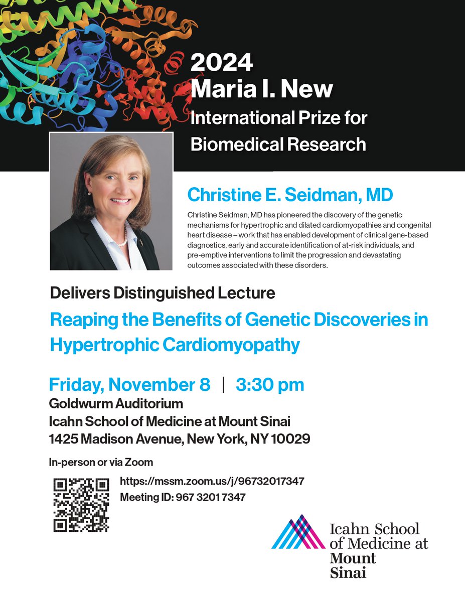 Join us Friday, Nov 8, 3:30 pm for a Distinguished Lecture by Christine Seidman, MD, on genetic breakthroughs in hypertrophic cardiomyopathy and heart disease prevention.
 Attend in person (Goldwurm Auditorium, Mount Sinai) or via Zoom: mssm.zoom.us/j/96732017347