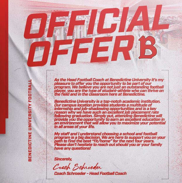 I am incredibly grateful to announce my first offer from <a href="/BenUFootball/">Benedictine Football</a>!
<a href="/CoachSchradesBU/">Coach Schroeder</a> 
<a href="/NCWHS_Football/">Normal West Football</a>