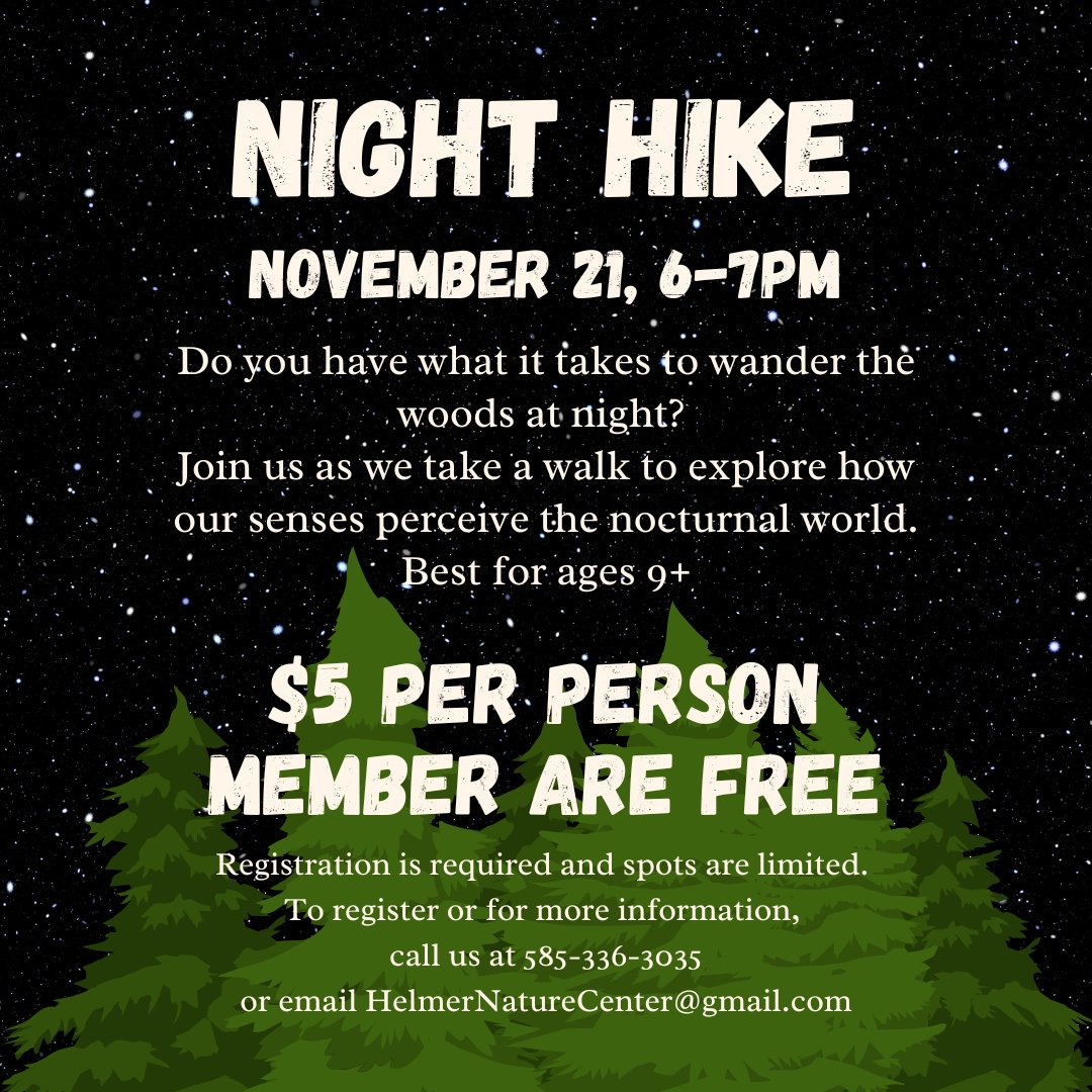 Spots are filling up for our Night Hike this month. Call or email to register if you want to join us.
#nighthike #getoutside #freshair #enjoynature #fallhiking #westirondequoit