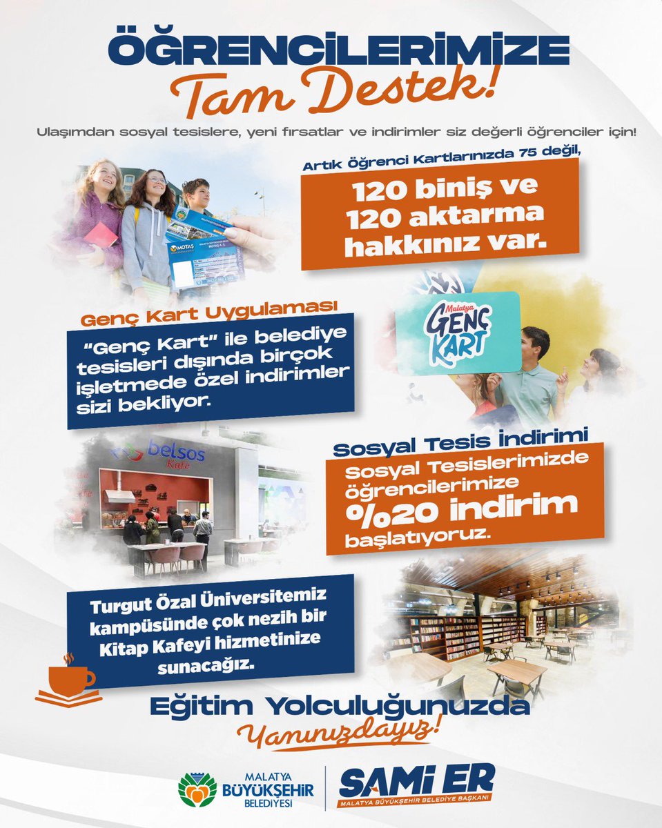 samiermbb's tweet photo. Kıymetli öğrenci kardeşlerim, 

📢 Eğitim hayatınızda sizlere destek olabilmek, hayatınızı biraz daha kolaylaştırmak için aldığımız kararları sizlerle paylaşmak isterim.

🚍 Artık öğrenci kartlarınızla 75 değil, tam 120 biniş, 120 aktarma yapabilirsiniz.

🏢 Sosyal Tesislerimizde öğrencilerimize %20 indirim başlatıyoruz.

📍 Turgut Özal Üniversitemiz kampüsünde çok nezih bir Kitap Kafeyi hizmetinize sunacağız.

💳 “Genç Kart” ile sadece belediye tesisleririmizde değil; birçok işletmede de özel indirimler sizi bekliyor olacak.

Eğitim yolculuğunuzda yanınızdayız, her adımda desteğimiz sizinle!

Siz yeter ki çalışın...