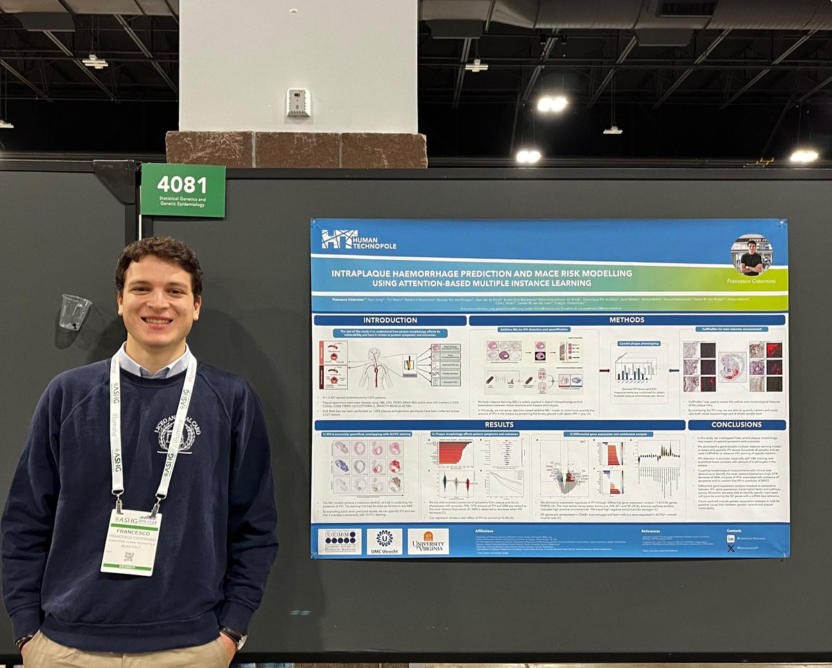 Sara Ometto (@omettosara) on Twitter photo At #ASHG and interested in deep learning for disease prediction? Come visit <a href="/francescocist9/">Francesco Cisternino</a> ās poster: imaging + transcriptomics to understand how carotid plaque morphology affects patients symptoms and MACE risk (board 4081T)
#ASHG2024 At #ASHG and interested in deep learning for disease prediction? Come visit <a href="/francescocist9/">Francesco Cisternino</a> ās poster: imaging + transcriptomics to understand how carotid plaque morphology affects patients symptoms and MACE risk (board 4081T)
#ASHG2024