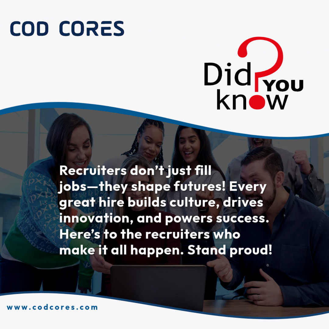 CodCores's tweet photo. Recruiters are not just filling positions; they’re shaping the future of industries! Every successful hire influences company culture, boosts productivity, and drives innovation. 

#HiringExcellence #RecruitmentPride #BuildingFutures #Recruitment #Hiring #Codcores https://t.co/MHtPXp0Zd9
