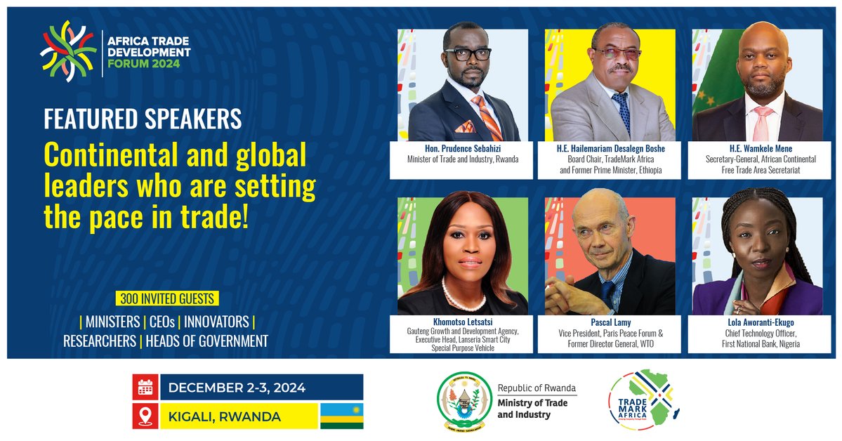 TradeMarkAfrica's tweet image. Trade leaders &amp;amp; innovators will gather 2 explore how tech can create more jobs, boost services &amp;amp; make trade more inclusive at #AfricaTDFKigali 
@RwandaTrade
🎯2 days of #Discussions X #Decisions
🗓️2-3 Dec'24
#SpeakerPost1: The groundbreakers, visionaries, trade experts
#StayTuned