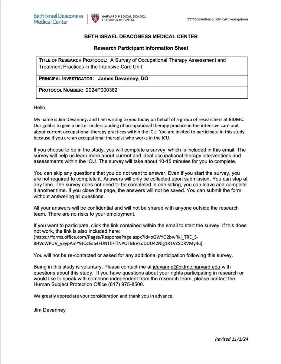 Attention Occupational Therapists in the ICU, help create a lasting impact in patient care by sharing your thoughts on current and ideal practices of OTs in this short anonymous research survey (approved by BIDMC IRB). Share with friends and colleagues! forms.office.com/Pages/Response…
