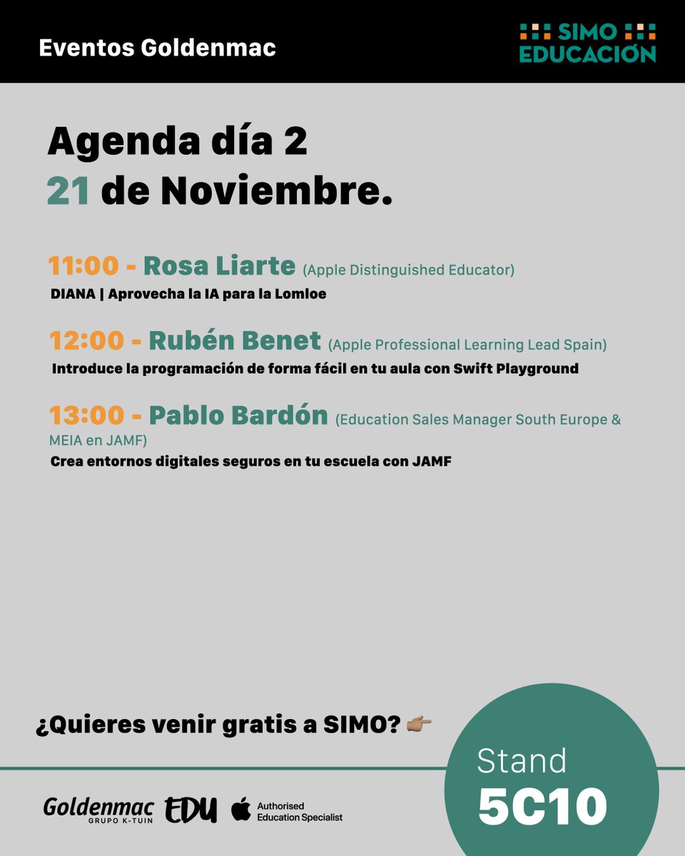 GoldenmacEDU's tweet image. 🗓️ Agenda al completo 🗓️

🟠 @LuciaGOrtego 
🟠 @rosaliarte 
🟠 @VestradaEdu 
🟠@rubensan
🟠 @DiegoCamposBCN 
🟠 @JamfSoftware 
🟠 @Meloom_Music 
🟠 @oscarmartincen