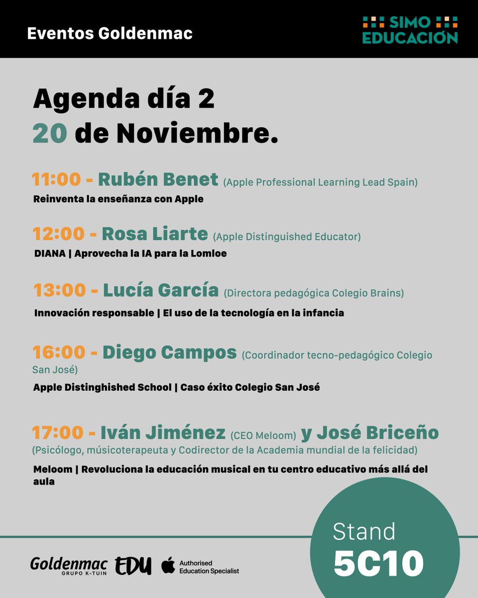 GoldenmacEDU's tweet image. 🗓️ Agenda al completo 🗓️

🟠 @LuciaGOrtego 
🟠 @rosaliarte 
🟠 @VestradaEdu 
🟠@rubensan
🟠 @DiegoCamposBCN 
🟠 @JamfSoftware 
🟠 @Meloom_Music 
🟠 @oscarmartincen