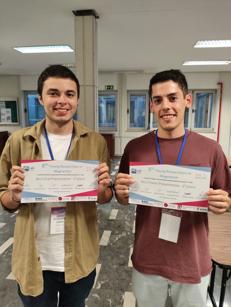 So proud!  Jorge A and Pablo won the 2nd prize for best poster and best oral presentation.Congratulations!! <a href="/YRinM_Conf/">YRinM2024</a> <a href="/CEMagnetismo/">Club Español de Magnetismo</a>