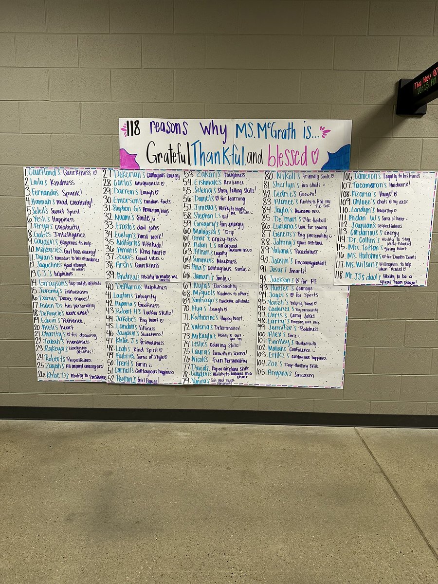 During this time of year, it’s especially easy to get caught up in everything happening around us. Here are 118 things Ms. McGrath is thankful for. She feels so lucky to get to spend time getting to know these amazing students.