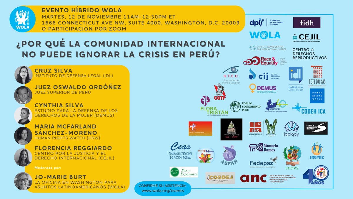 Vance Center for International Justice (@vancecenter) on Twitter photo 🔔EVENTO HÍBRIDO🔔
Con <a href="/DPLF_info/">Due Process of Law Foundation</a>, @CEJIL, <a href="/hrw/">Human Rights Watch</a>, @ideele y @WOLA te invitamos a un evento sobre la situación en #Peru para el #191Período de <a href="/CIDH/">CIDH - IACHR</a>. 🇵🇪
📅12 nov
🕛11:00hr Washington DC/10:00hr Centroámerica
🧭WOLA, Washington DC o participación por Zoom 🔔EVENTO HÍBRIDO🔔
Con <a href="/DPLF_info/">Due Process of Law Foundation</a>, @CEJIL, <a href="/hrw/">Human Rights Watch</a>, @ideele y @WOLA te invitamos a un evento sobre la situación en #Peru para el #191Período de <a href="/CIDH/">CIDH - IACHR</a>. 🇵🇪
📅12 nov
🕛11:00hr Washington DC/10:00hr Centroámerica
🧭WOLA, Washington DC o participación por Zoom