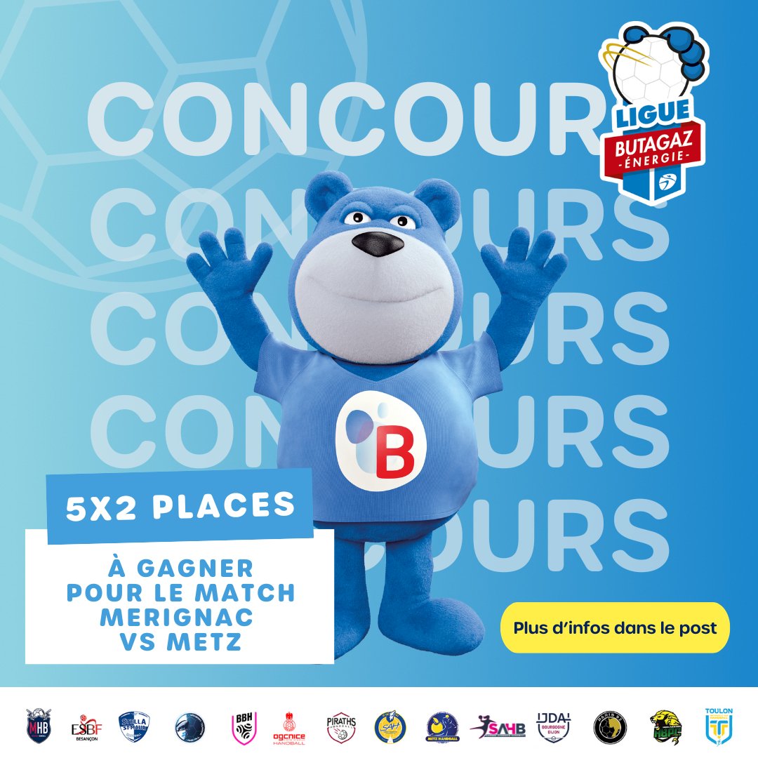 #Jeu 📣 A l'approche de ce long weekend, Bob, #LePlusChaudDesSupporters, vous fait gagner 10 places 🎟️ pour le match <a href="/MHB33/">Mérignac Handball</a> vs <a href="/MetzHandball/">Metz Handball</a> à Bordeaux le 13/11.
Pour participer,
🔁 RT ce post
✅ follow <a href="/Butagaz/">BUTAGAZ</a> et <a href="/LFH_Officiel/">LFH_Officiel</a>
(TAS de 5 gagnants le 11/11)
#LigueButagazEnergie