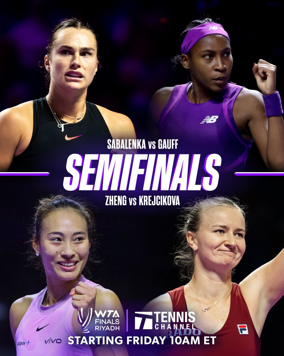 Four women. One goal.

Who will claim the year-end 🏆?

Stream the semifinals Friday on Tennis Channel 📲

#WTAFinalsRiyadh
