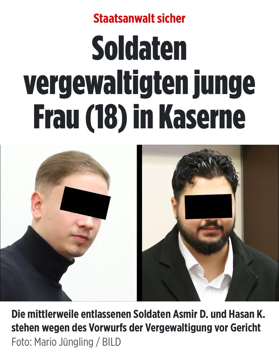 Georg_Pazderski's tweet photo. Ohne weiteren Kommentar:

„Die beiden (deutschen) Soldaten Asmir D. und Hasan K. schmuggelten eine junge Frau in die Kaserne. In ihrer Stube betäubten sie die junge Frau, vergewaltigten sie abwechselnd und filmten sich dabei. Während des Missbrauchs lag das Opfer regungslos auf dem Bett.“

SG § 9 Eid (…)
(1) „Ich schwöre, der Bundesrepublik Deutschland treu zu dienen und das Recht und die Freiheit des deutschen Volkes tapfer zu verteidigen, so wahr mir Gott helfe.“

https://t.co/ZulX2R4CRA