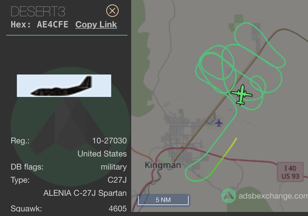 KIGMWallflower's tweet image. #KingmanAZ #ADSB:

Italian Alenia C-27J Spartan, built by Leonardo, flying patterns over the valley.

#MohaveCounty #Arizona