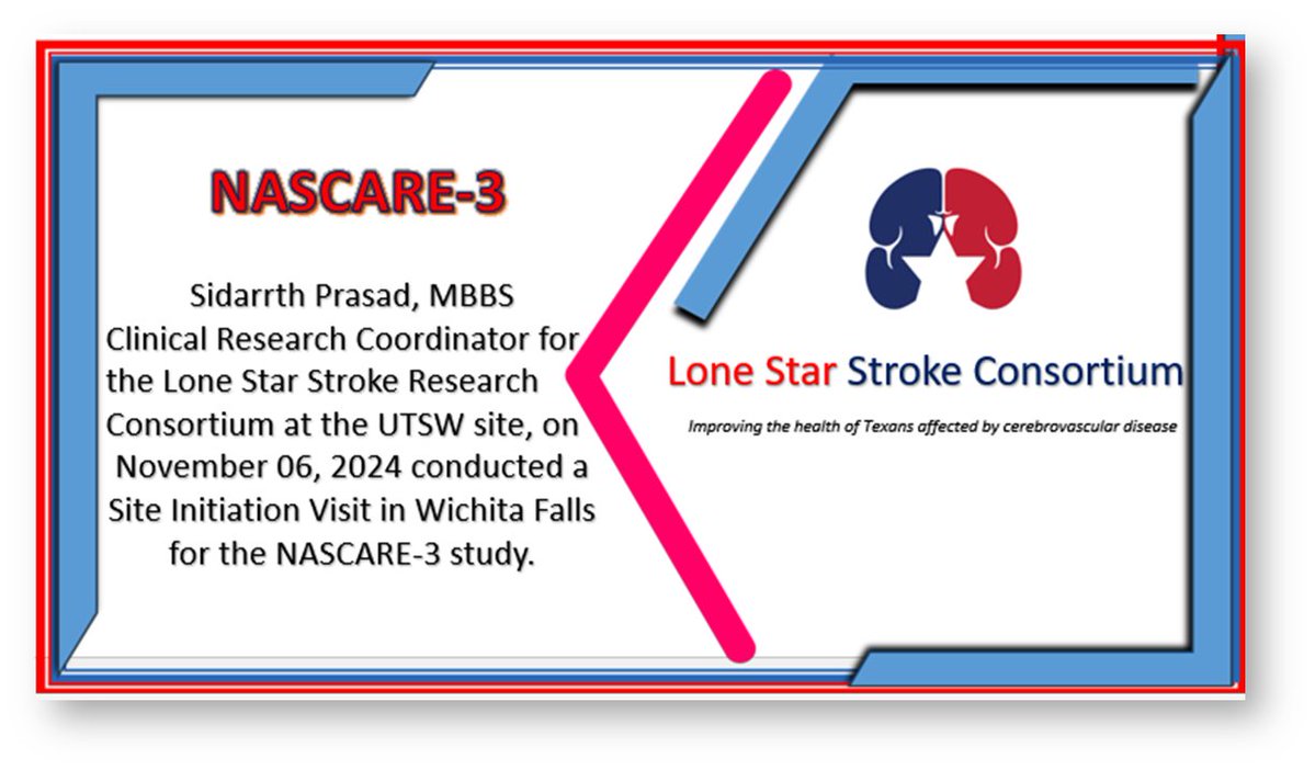 Lone Star Stroke Research Consortium (@lonestarstroke) on Twitter photo #DaiWaiOlson #UTSWNeurology #neuronurses #neuroscience #neurotwitter #MedTwitterGreat
<a href="/MehariG_MD/">Mehari Gebreyohanns, MD, FAHA, FAAN</a> Sidarrth Prasad, MBBS on
November 06, 2024, conducted a Site Initiation Visit in Wichita Falls for the NASCARE-3 study. #DaiWaiOlson #UTSWNeurology #neuronurses #neuroscience #neurotwitter #MedTwitterGreat
<a href="/MehariG_MD/">Mehari Gebreyohanns, MD, FAHA, FAAN</a> Sidarrth Prasad, MBBS on
November 06, 2024, conducted a Site Initiation Visit in Wichita Falls for the NASCARE-3 study.