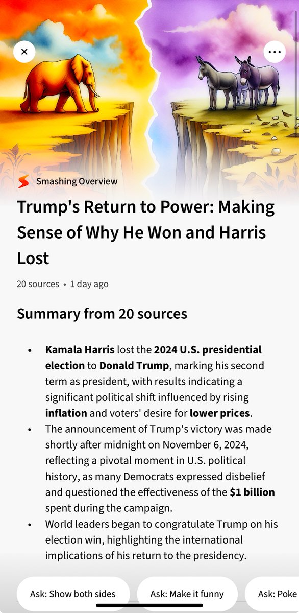 The only way to really understand the result of Tuesday's presidential election? Reading the best analysis across the political spectrum, which takes time. Or used to, anyway. For the Smashing Overview that summarizes the best takes, click link in bio.