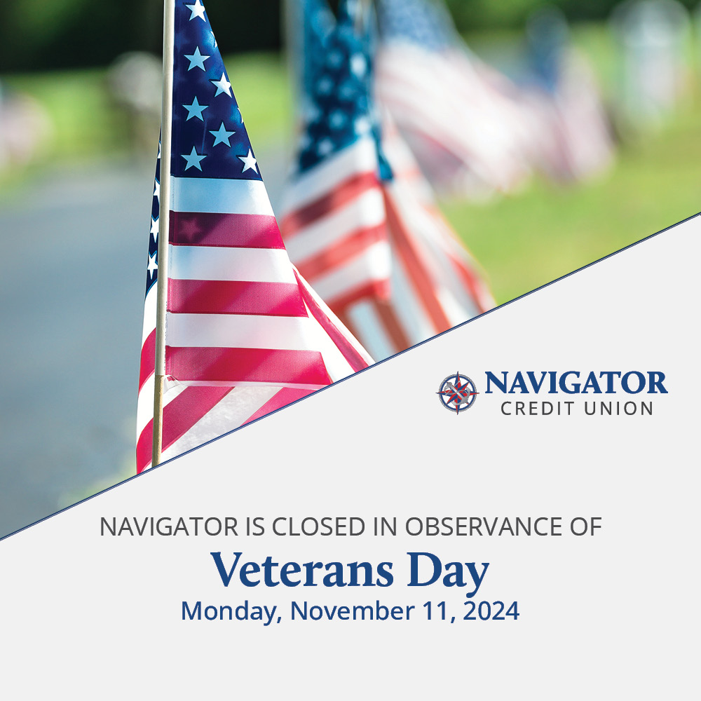 NavigatorCU's tweet image. All Navigator Branches will be closed on Monday, Nov. 11, in observance of Veterans Day. Regular hours resume on Tuesday, Nov. 12. 

Remember, members have 24/7 access to your account(s) through Digital Banking. Learn more at navigatorcu.org/digital-banking.