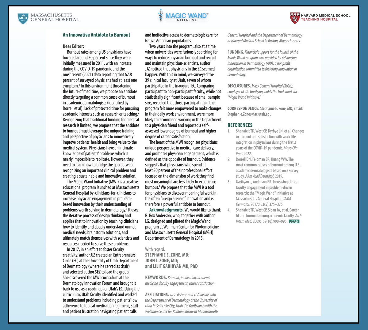 Magic Wand Initiative (@mw_initiative) on Twitter photo 💡 "An Innovative Antidote to Burnout" – a recent article by Dr. Stephanie E. Zone, Dr. John J. Zone, and <a href="/DrLilitGaribyan/">Lilit Garibyan MD, PhD</a> in the Journal of Clinical and Aesthetic Dermatology – sheds light on an urgent issue in healthcare: physician burnout. 💡 "An Innovative Antidote to Burnout" – a recent article by Dr. Stephanie E. Zone, Dr. John J. Zone, and <a href="/DrLilitGaribyan/">Lilit Garibyan MD, PhD</a> in the Journal of Clinical and Aesthetic Dermatology – sheds light on an urgent issue in healthcare: physician burnout.
