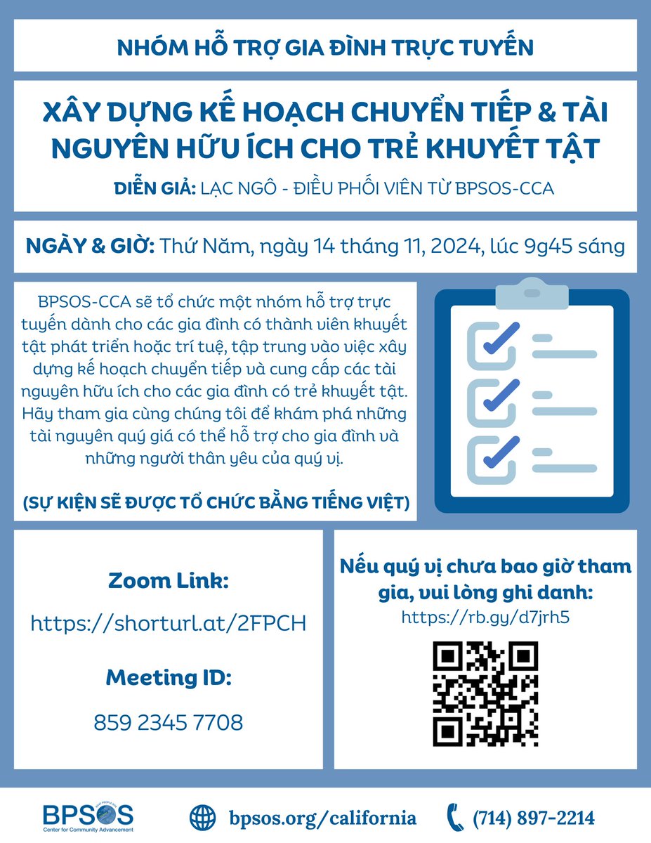 BPSOSCCA's tweet image. We are hosting a virtual support group on 11/14 for families of children with special needs. Please see the flyers for details #supportgroup #virtualsupport #virtualsupportgroup #vietnamese #viet  #specialneeds #specialneedsfamily #disabilityawareness #disabilityinclusion