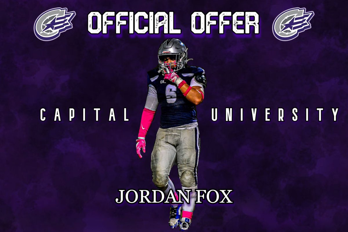 JordanFox24's tweet photo. Truly honored to receive my FIRST OFFER from @CapitalU_FB 🟣💜

#offered #comet #blessed https://t.co/ftHzGKtDUY