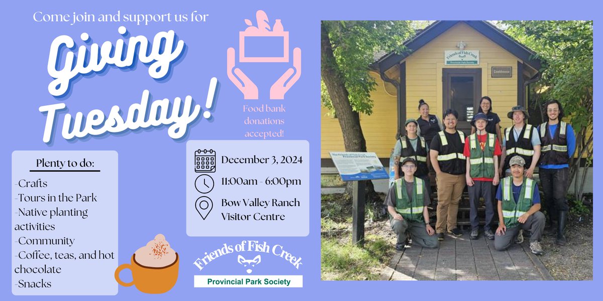 FishCreekPP's tweet image. Come join and Support us on December 3rd, 2024 for our Giving Tuesday fundraising event!
There will be plenty to do, so stop by and have some fun with us and the Friends of Fish Creek community!
 #FriendsOfFishCreek #FishCreek #FishCreekPark #Calgary #YYC #Park #Nature #YYCEvents