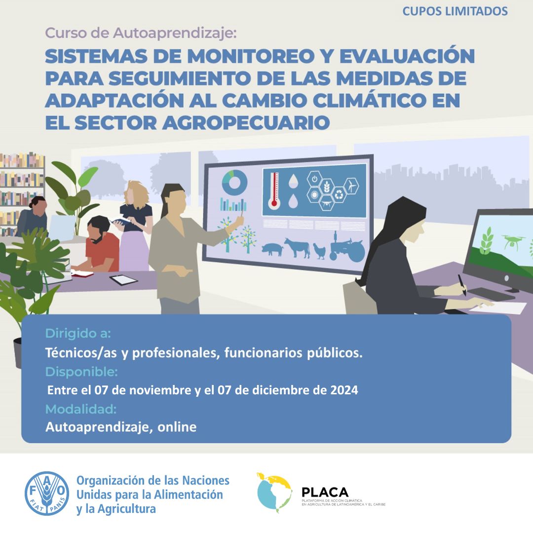 📢 ¡Cupos limitados! Curso de #PLACA2024

🌎 Aprende los conceptos clave vinculados al #monitoreo y #evaluación de las medidas de adaptación al #CambioClimático

Inscríbete ahora  ➡️  bit.ly/4ejKOqK
