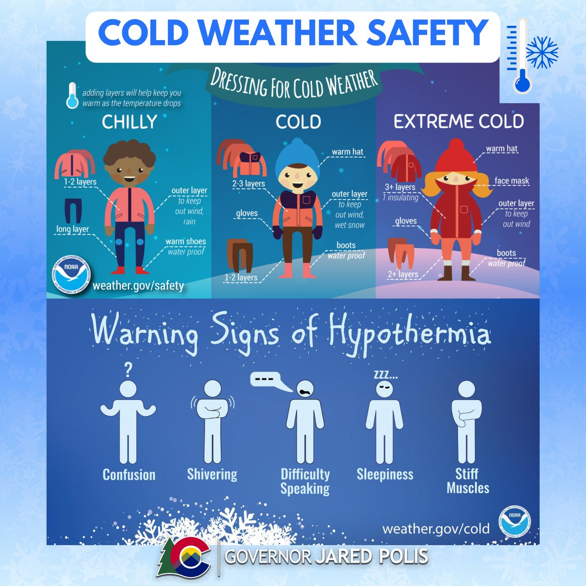 In extreme cold temperatures, limit outdoor activities when possible. Be  vigilant for signs of frostbite and hypothermia, dress in layers, cover any  exposed skin, and keep pets indoors.